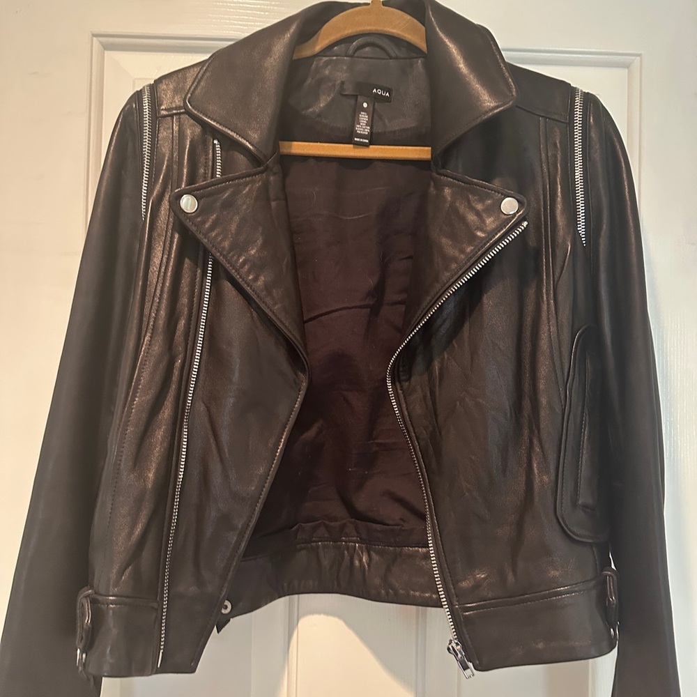 Aqua Black Leather Moto Jacket Asymmetrical Zipper